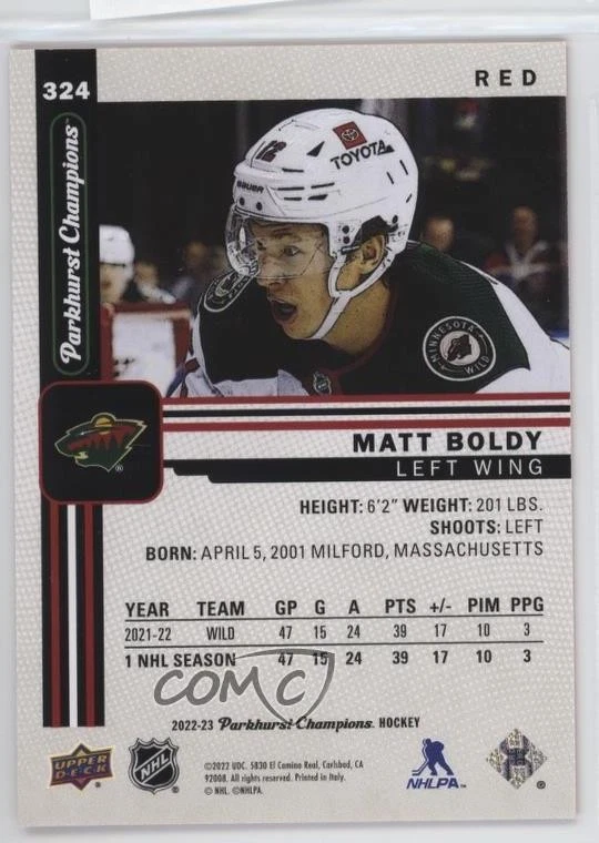 2022-23 Upper Deck Parkhurst Champions Rookies Red /51 Matt Boldy #324 Rookie RC - Image 2 of 2