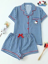 Sanrio Hello Kitty Pocket Embroidered Plaid Printed Short Sleeve Pajama Set 2pcs