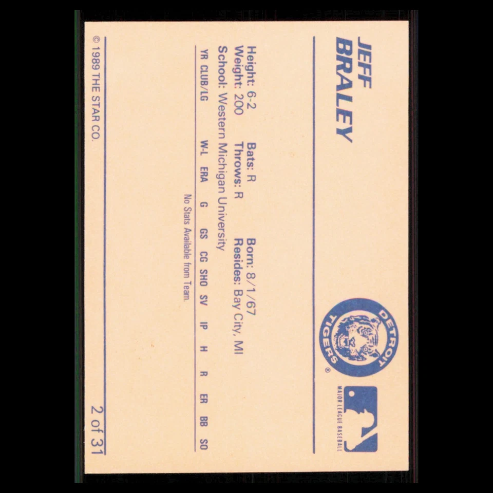 Jeff Braley #2 1989 Star Minor League Bristol Tigers Baseball Card MLB NM - Image 2 of 3