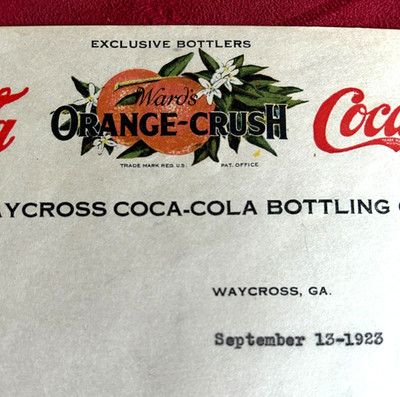 1923 Coca-Cola Ward's Orange Crush Bottling Co Waycross GA Letterhead
