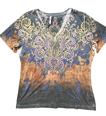 Kiara Cyber Y2K Top Womens XL V-Neck Rhinestone Paisley Art To Wear Boho Hippie