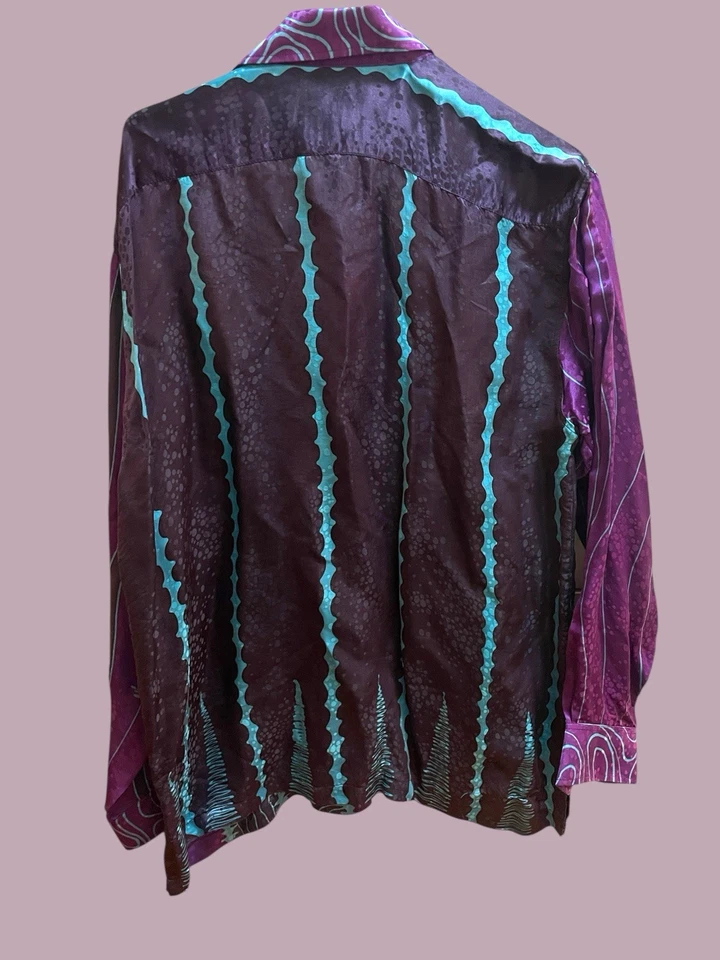 Camisa de seda vintage para hombre estampado batik años 90 Dandy Elvis Rockabilly azul púrpura XL Foto 3 de 4
