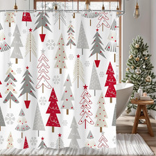 Christmas Trees Shower Curtain, Red Grey Xmas Tree Winter Holiday Snowflake Merr