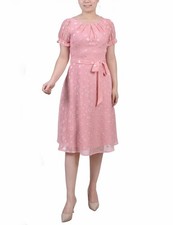 NY Collection Short Sleeve Belted Swiss Dot Dress Pink Petite Size PXL $54 SALE
