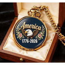 250th Anniversary Floral Bald Eagle Commemorative Golden Pocket Watch with Chain