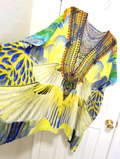 NEW Shahida Parides Kaftan Dress Cover Up Kimono Blue Yellow BIRD Silk Viscose
