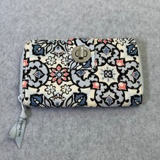 Vera Bradley Lisbon Floral  Medallion Light Blue Turnlock RFID Wallet 