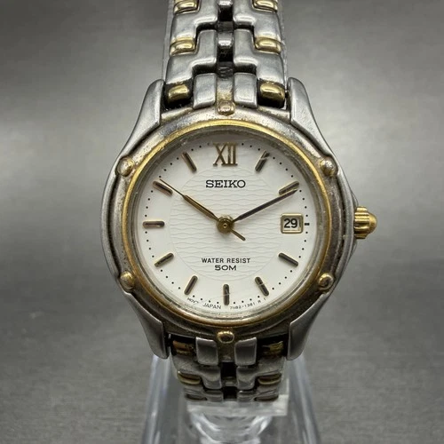 Seiko Watch Women 26mm White Dial Two Tone Date Round 7n82-0599 New Battery 9GDW
