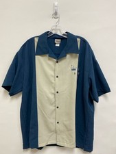 Size 2X Dark Blue Beige Button Up Embroidered Men's Short Sleeve Shirt
