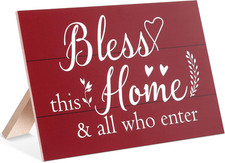Bless This Home Rustic Wooden Signs - Red, Farmhouse Wall Decor for Living Room