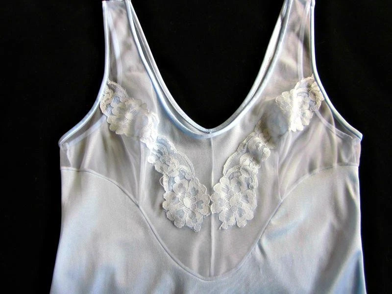 Vintage Nightgown + Robe Peignoir Set S Silky Blue Nylon Illusion Lace Bodice - Image 2 of 4