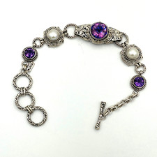 Sarda Artisan Mystic Quartz Amethyst Pearl Sterling Silver Bracelet 7-8 inch adj