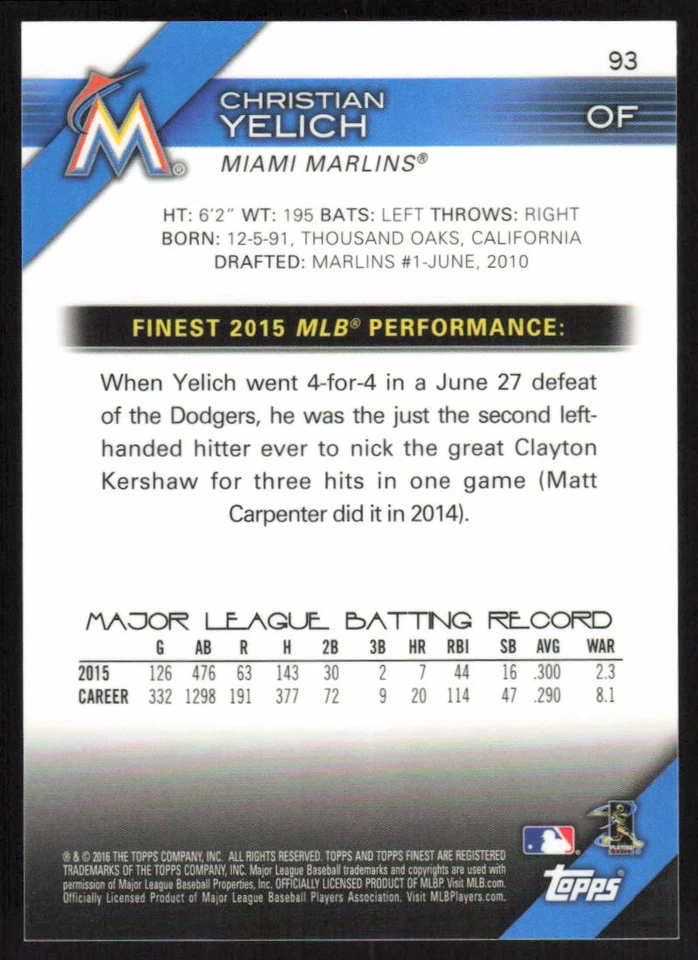 2016 Topps Finest Green Refractor #93 Christian Yelich /99 Miami Marlins - Image 2 of 2