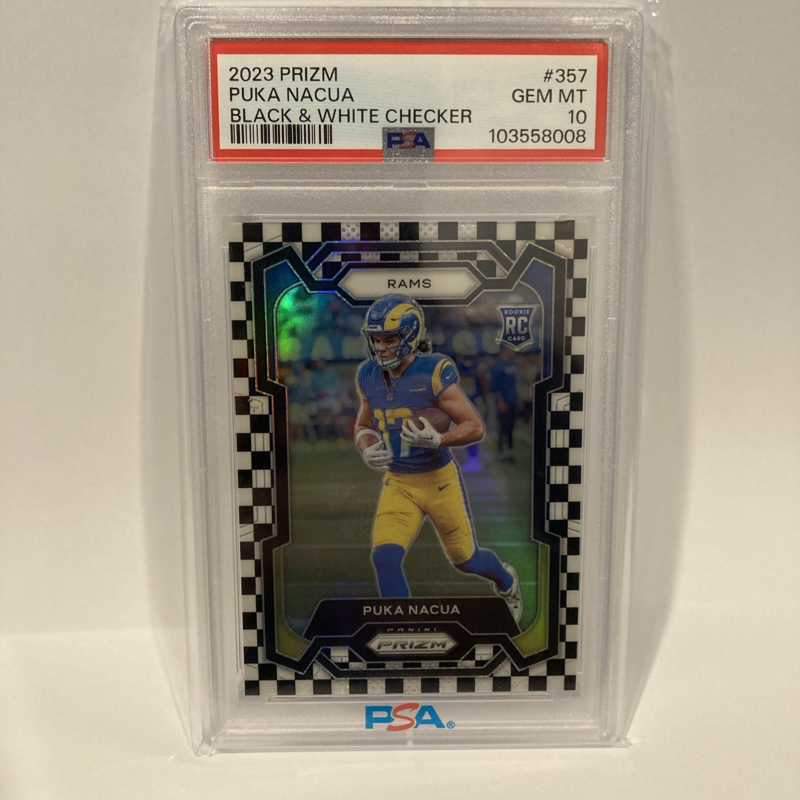 2023 Panini Prizm Puka Nacua Black & White Checker PSA 10 Rookie LA Rams #357 RC