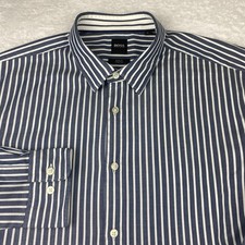 BOSS Hugo Boss Shirt Men's XL Blue w/White Stripes Slim Fit Stretch