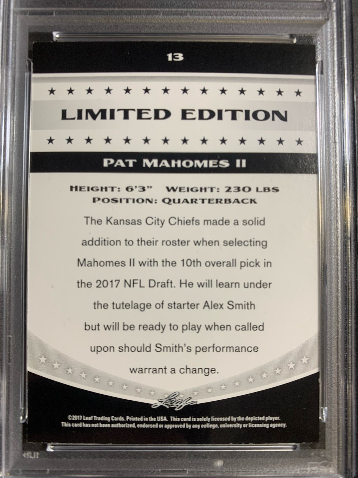 2017 Leaf Limited Edition - Patrick Mahomes II #13 (RC) PSA 8 view 4