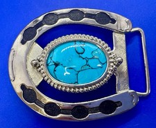 Turquoise Cabochon Cab Stone 30 by 40mm Through Lucky Horseshoe Belt Buckle