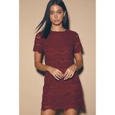 Lulus Burgundy Lace Short Sleeve Shift Dress Wine Red Scalloped Mini Small