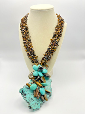 Tiger Eye Handwoven Stone Necklace with Artisan Turquoise Pendant