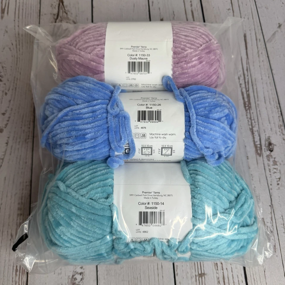 全新 Premier Parfait 粗纱线 3.5 盎司 - 批量 3 个骨架 蓝色 海滨紫红色 — 第 2/4 张图片