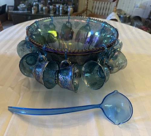 Vintage Indiana Iridescent Blue Carnival Glass   Punch Bowl Set