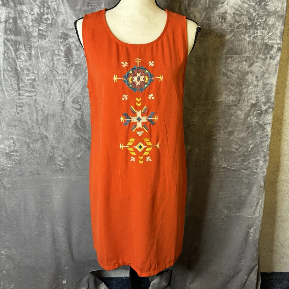Ya Los Angeles Dress Large Orange Embroidered Tank Boho Beachy Zip Back - Image 2 of 4