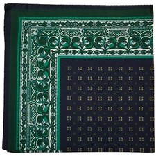 17" Green / Navy Blue Geometric Silk Twill Pocket Square Handmade in Italy 