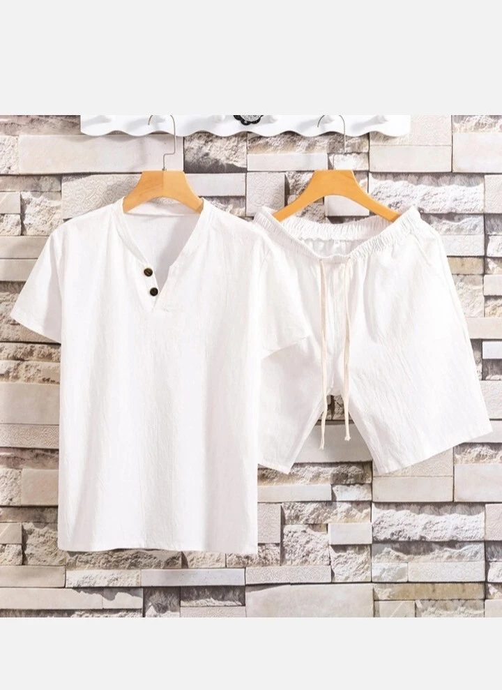 Mens white linen short sets discount