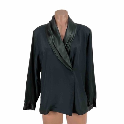 VTG 1980s San Andre Secretary Career Button Satin Shawl Front Black Blouse sz 10