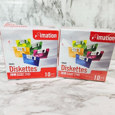 IMATION 2HD IBM Diskettes Floppy Disk 3.5'' 1.44MB Neon Pack of 10 Lot of 2