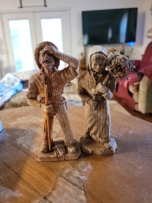 Hand Carved Wooden Farmers Man W/Stick And Woman With Axe/Wood