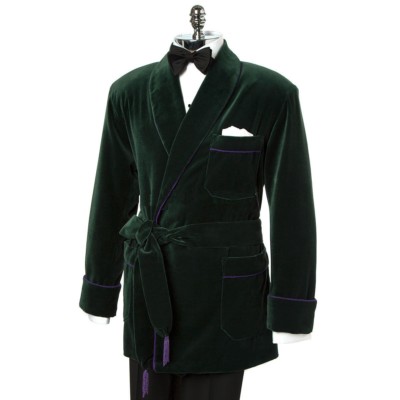 Mens Smoking Jacket Green Velvet Robe Dressing Gown Evening