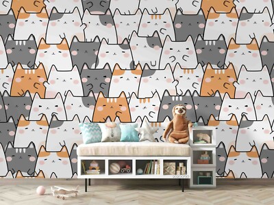 3D Cartoon Cats Seamless Wallpaper Wall Mural Removable Self-adhesive 150
