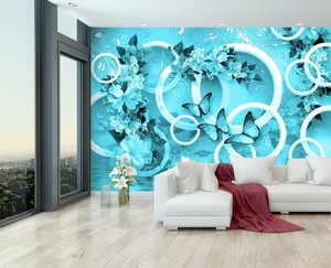VLIES FOTOTAPETE Blumen 3D Kreise Schmetterlinge türkis Tapete XXL