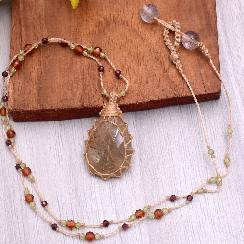 Natürlich Rutil Quarz Erstklassiges Checker Schliff Makramee Perlen Handgemacht - Bild 4 von 4