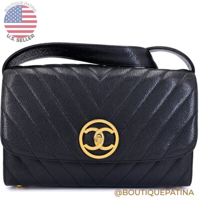 Chanel 1992 Black Vintage Chevron Caviar Encircled CC Flap Bag 24k GHW 68713