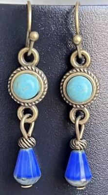 Turquoise, Bronze and Blue Picasso Teardrop Earrings. Boho Chic.
