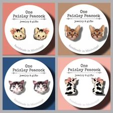 Cat Earrings Your Choice Studs-Dangles-Cats-Tabby-Tuxedo- One Paisley Peacock