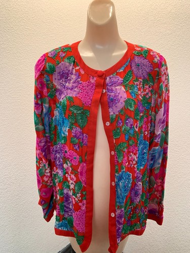 Vintage Diane Freis red silk beaded 2 piece skirt suit new with tags one size P - Picture 12 of 15