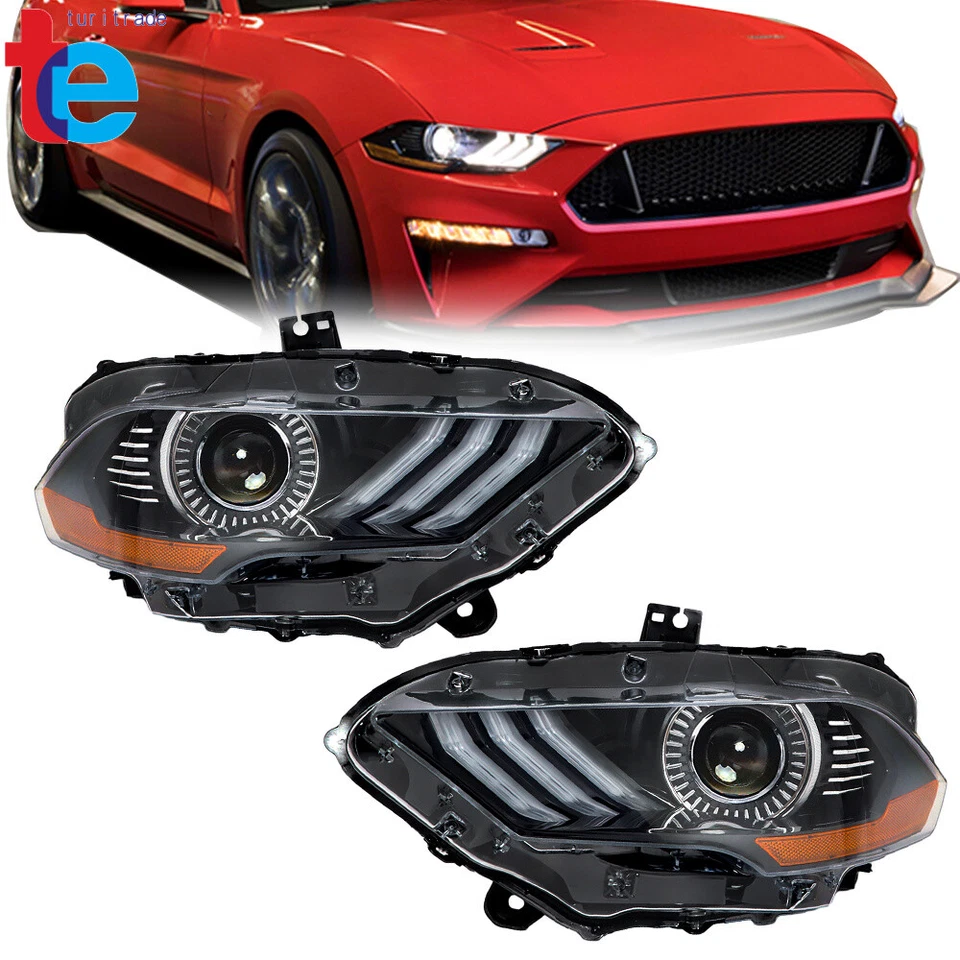 Full LED Projector Headlight For 2018-2020 Ford Mustang Black Housing Right+Left - Изображение 2 из 4