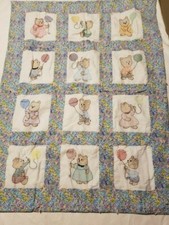 Baby Quilt Hand Made Embroidered Cross Stitch Teddy Bears 34x47"