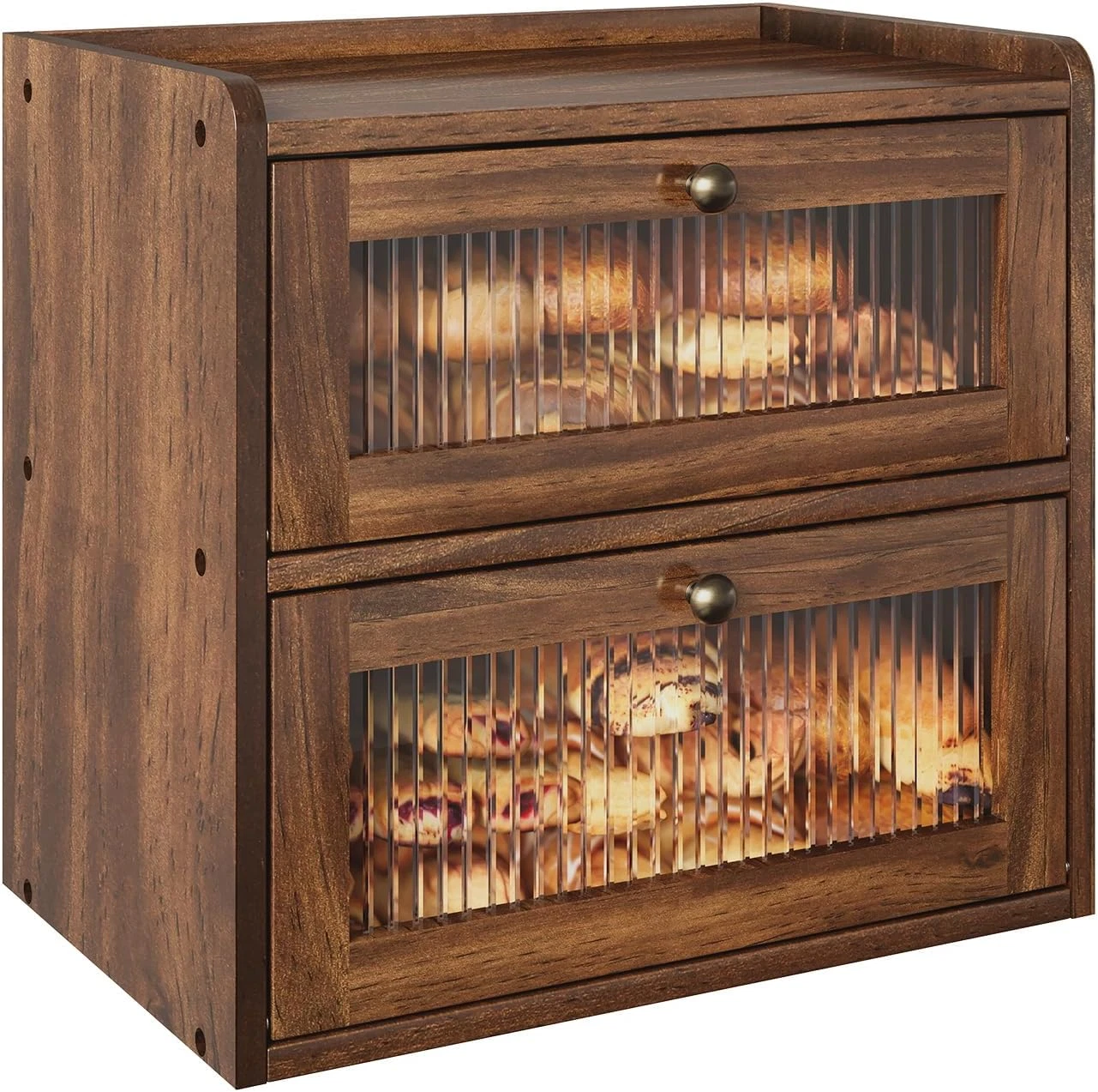 Retro Brown Double Layer Bread Box with Acrylic Window for Kitchen Counter
