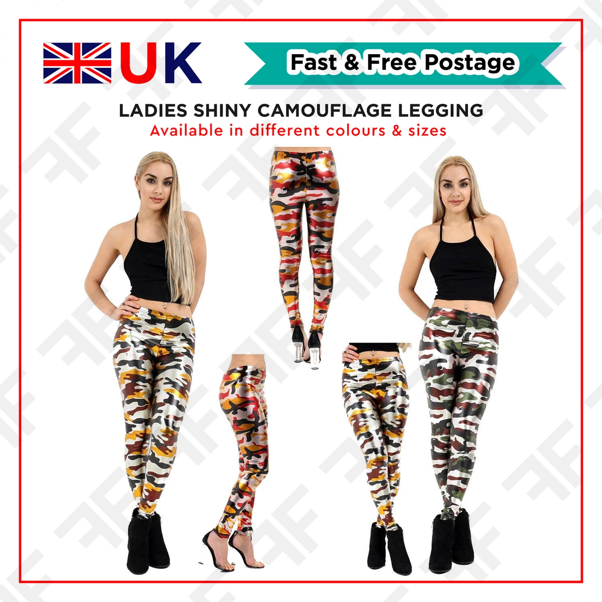 New Ladies Shiny Metallic Camouflage Legging Women Military Print Fancy Legging