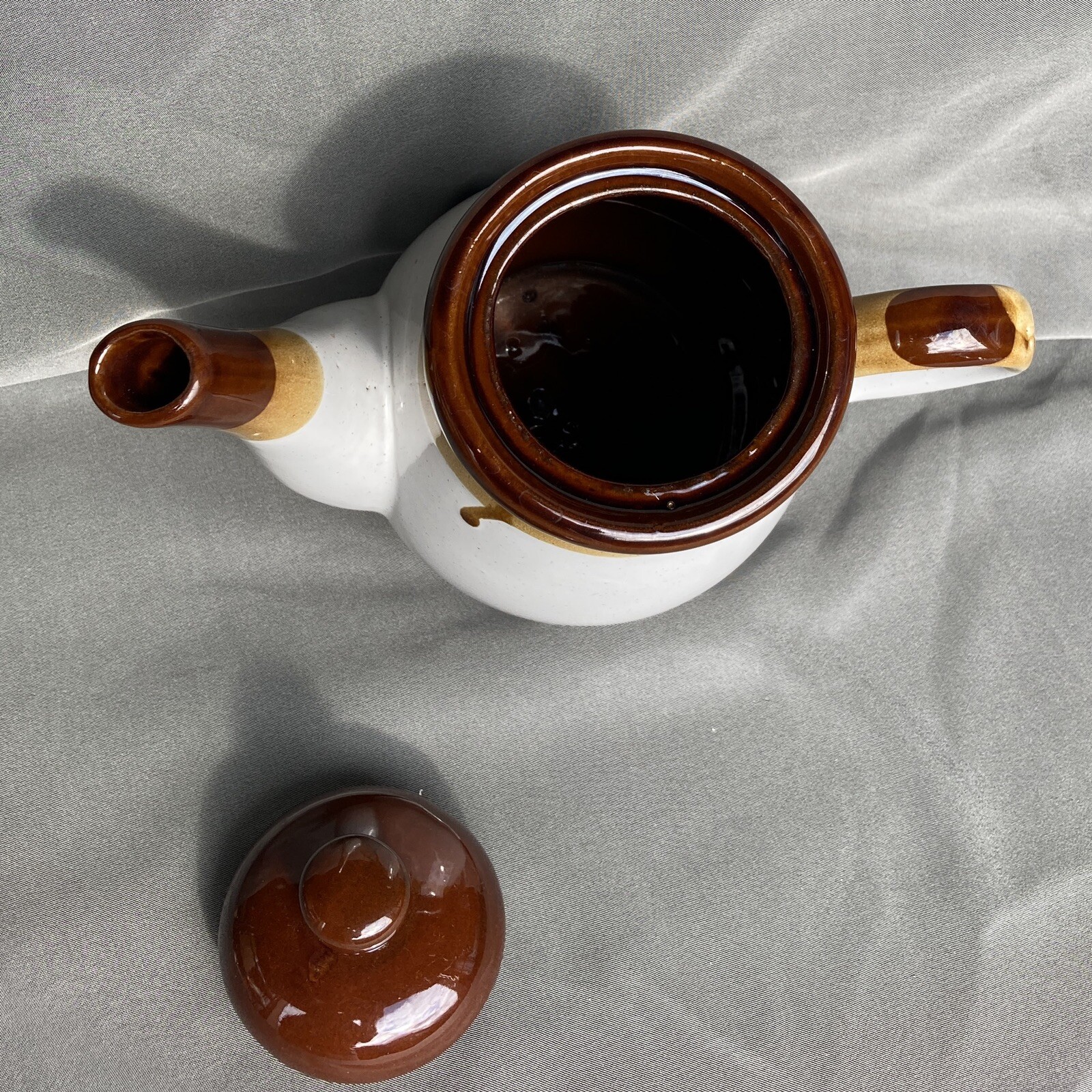 Vintage Tan and Brown Stoneware Teapot Large eBay