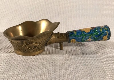 Vintage Coal Scoop Cup Candle Holder Brass Frame Flower Garden Enamel Cloisonne