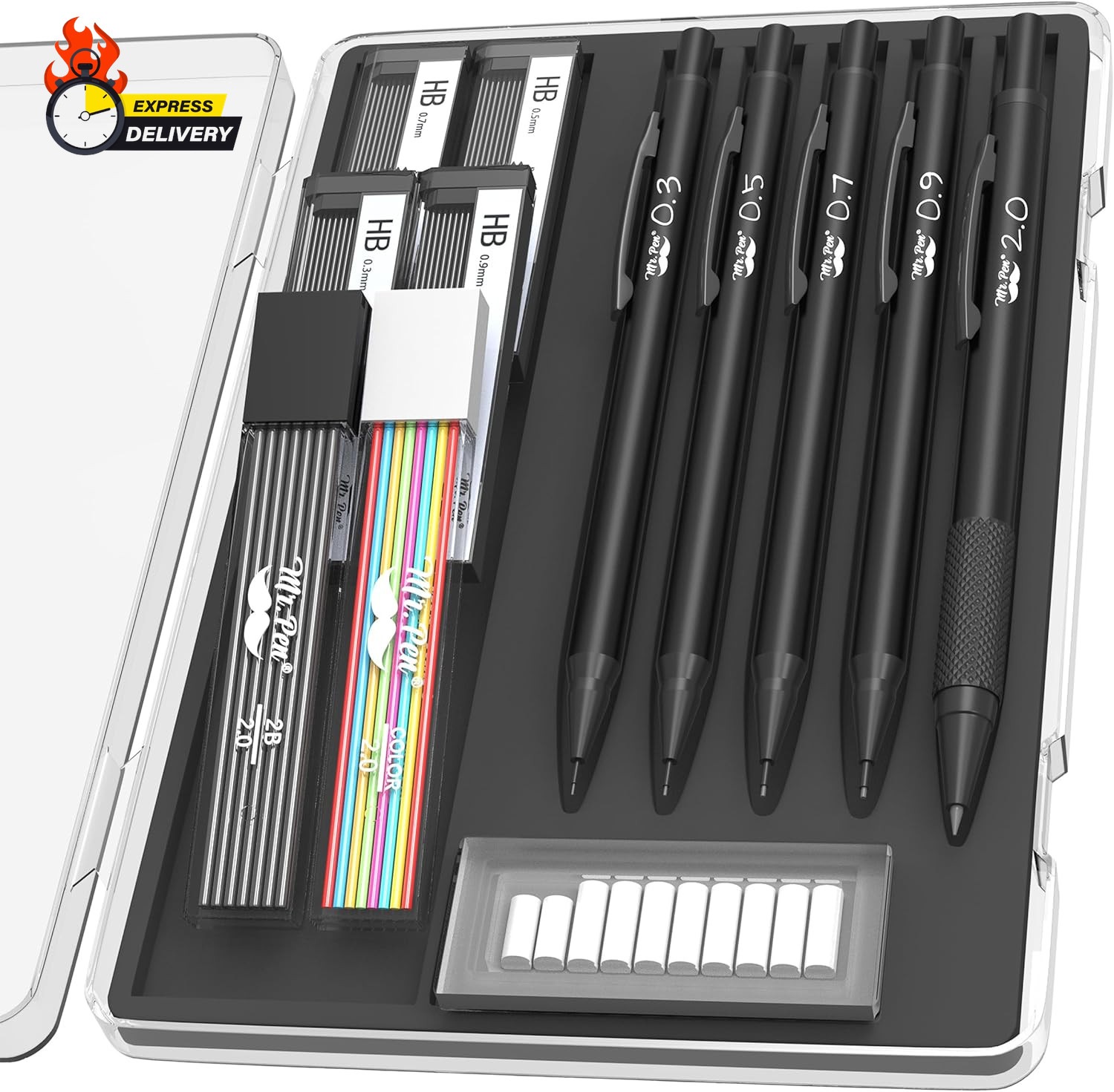 - Metal Mechanical Pencil Set with Lead and Eraser Refills, 5 Sizes, Black, 0.3,