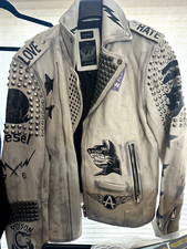 Diesel Leather Jacket Coat Distressed Paint White Studs Hand Made Large Mtv