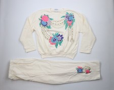 Deadstock Vintage 90s Streetwear Womens XL 2 Piece Flower Sweatpants Suit USA