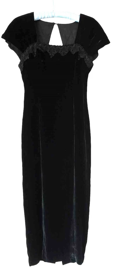 Maxi Vestido De Colección Carole Little Terciopelo Negro Talla 8 Años 80 Hace Años 40 Cerradura Cuello Cuadrado Foto 4 de 4