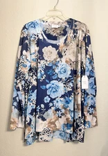 Time And Tru Tunic Top Women XXXL-22 Blue Floral Long Sleeve Bling Rhinestones
